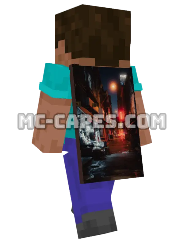 Neon Alley Minecraft cape worn on a player, seen from behind