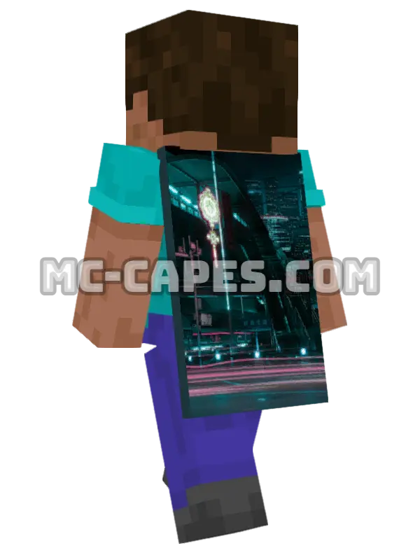 Neon City Street Minecraft cape worn on a player, seen from behind