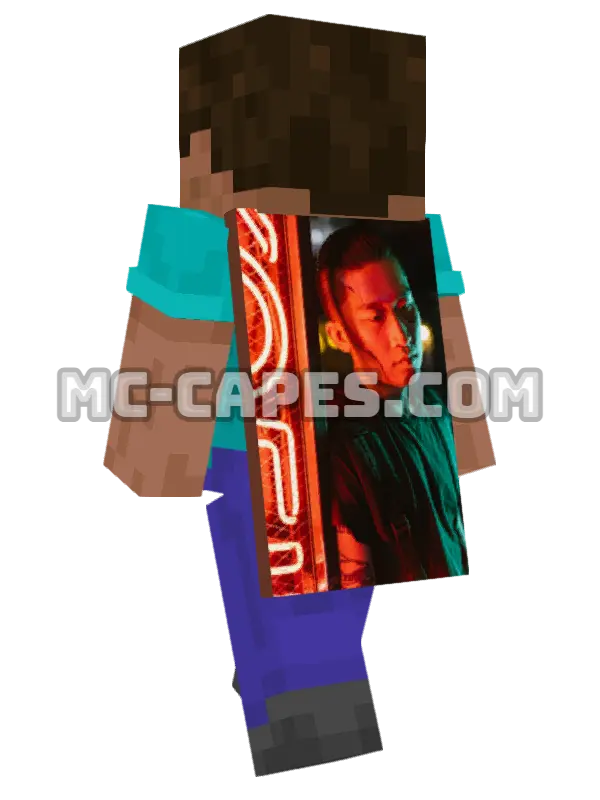Neon Man Portrait Minecraft cape worn on a player, seen from behind