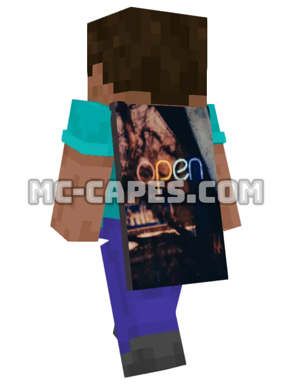 Neon Open Sign Minecraft cape worn on a player, seen from behind