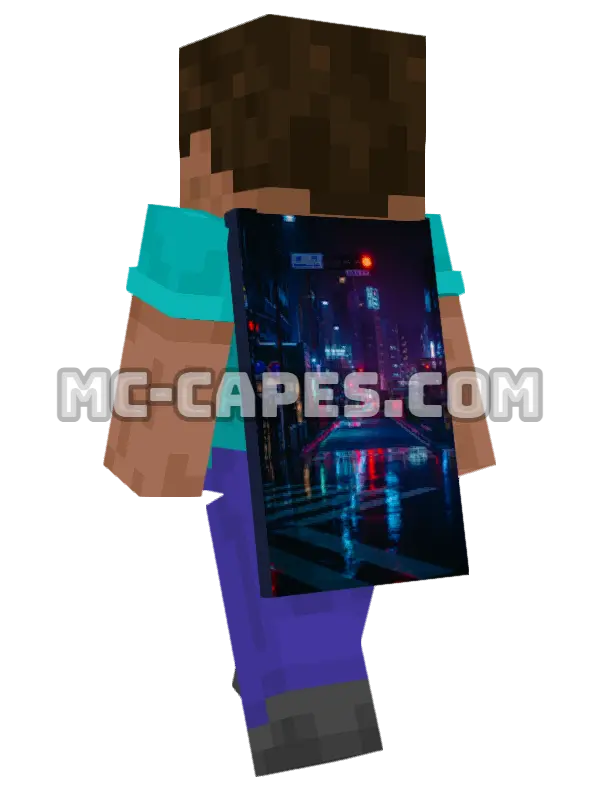 Neon Street Tokyo Minecraft cape worn on a player, seen from behind