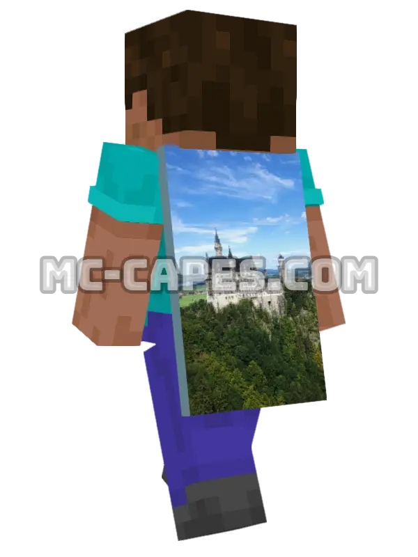 Neuschwanstein Castle Minecraft cape worn on a player, seen from behind