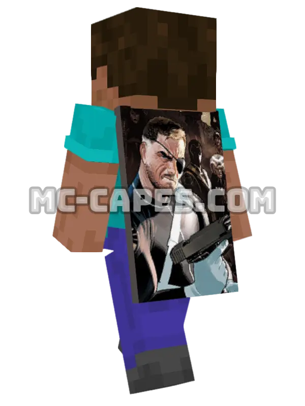 Nick Fury Minecraft cape worn on a player, seen from behind