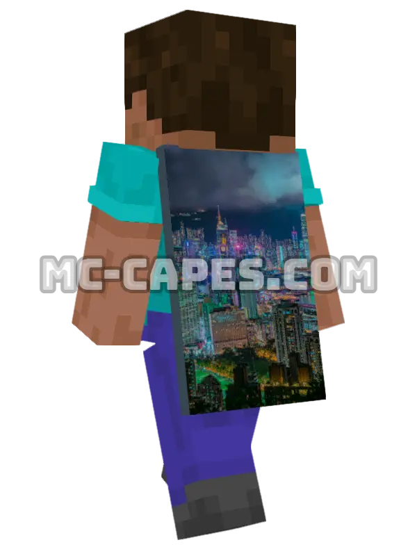 Night City Skyline Minecraft cape worn on a player, seen from behind