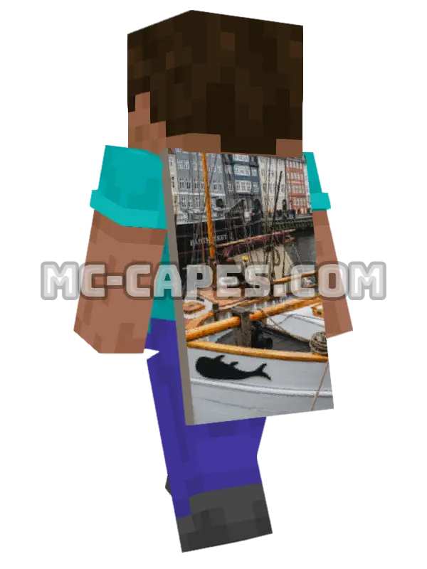 Nyhavn Boats Minecraft cape worn on a player, seen from behind