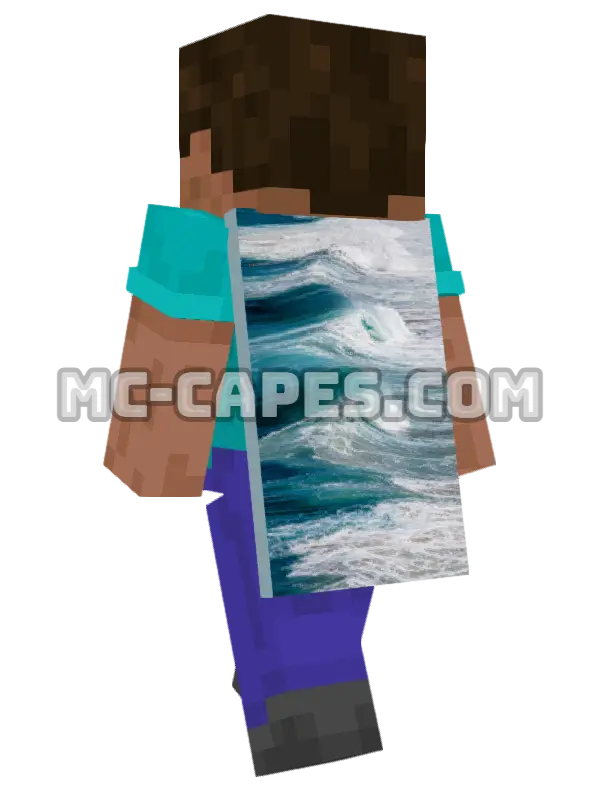 Ocean Waves Shore Minecraft cape worn on a player, seen from behind