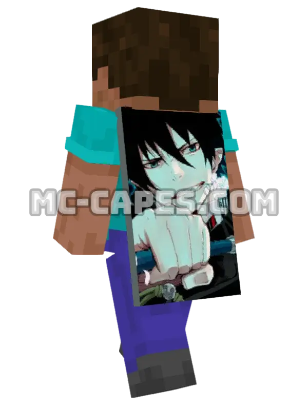 Rin Okumura Minecraft cape worn on a player, seen from behind