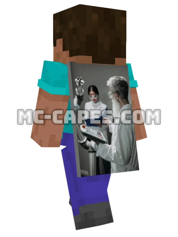 Robots In Lab Minecraft cape worn on a player, seen from behind