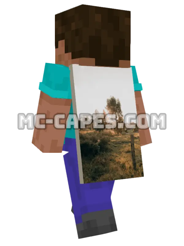 Rural Sunset Minecraft cape worn on a player, seen from behind