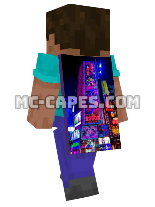 Shinjuku Neon Minecraft cape worn on a player, seen from behind