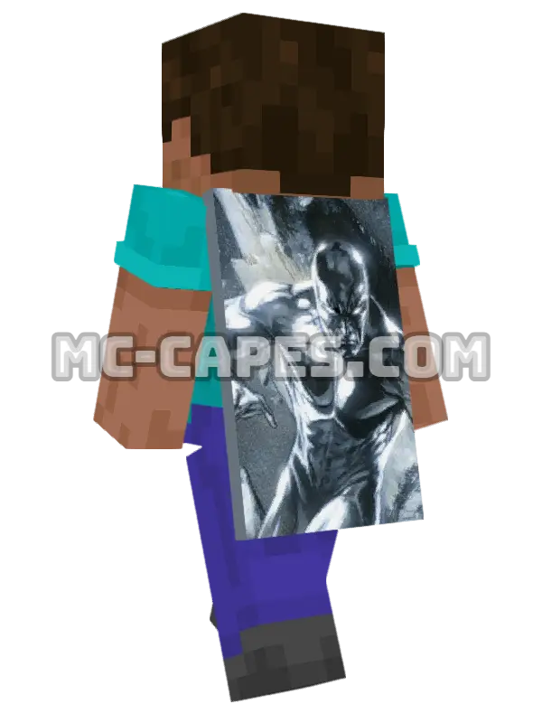 Silver Surfer Minecraft cape worn on a player, seen from behind