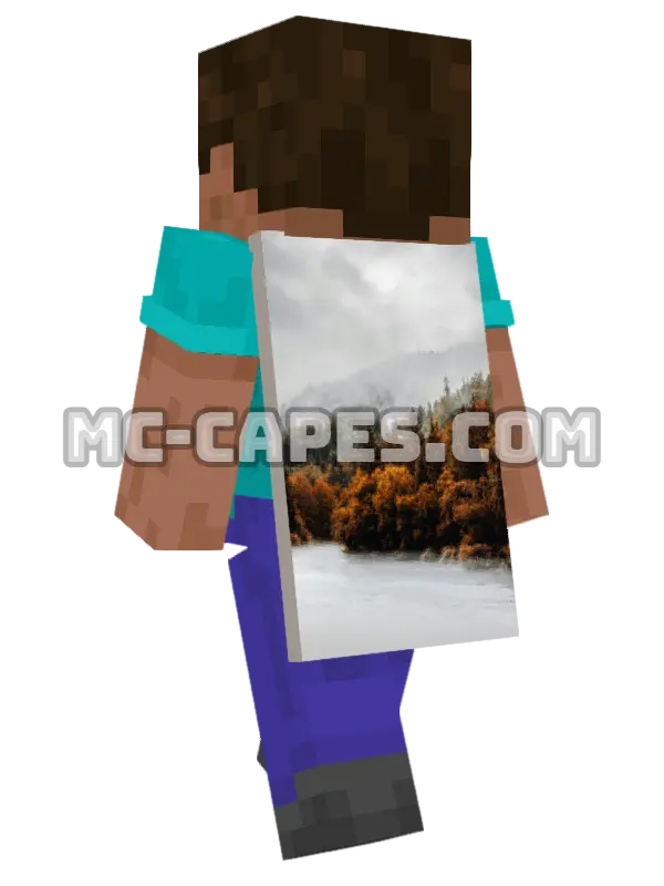 Snowy Autumn Trees Minecraft cape worn on a player, seen from behind
