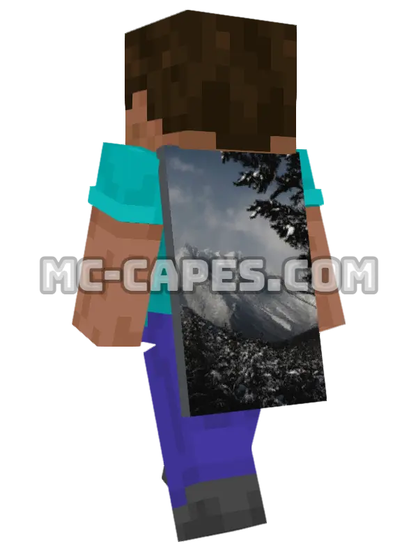Snowy Mountain Forest Minecraft cape worn on a player, seen from behind