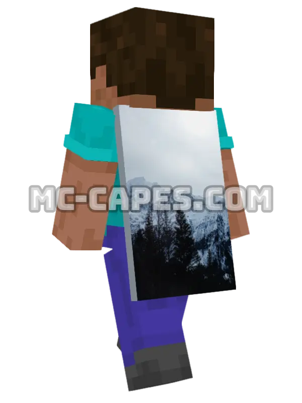 Snowy Mountain Peaks Minecraft cape worn on a player, seen from behind