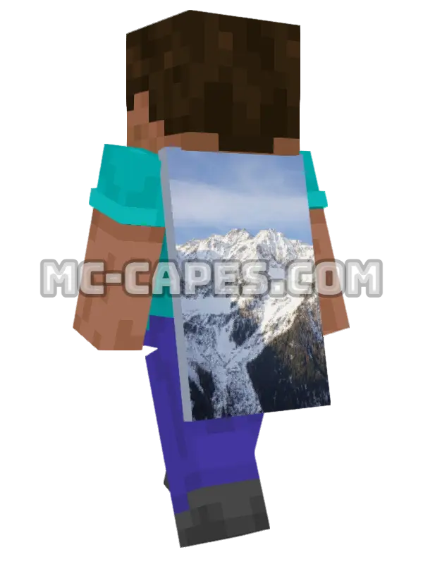 Snowy Mountain Peaks Minecraft cape worn on a player, seen from behind