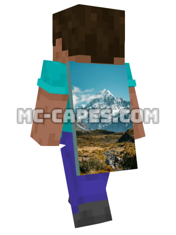 Snowy Mountain Sky Minecraft cape worn on a player, seen from behind