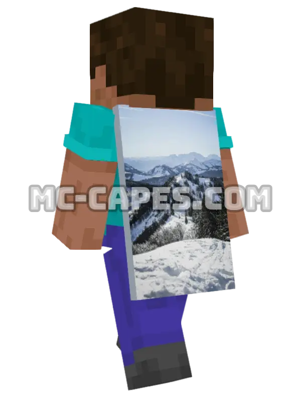 Snowy Mountains Minecraft cape worn on a player, seen from behind
