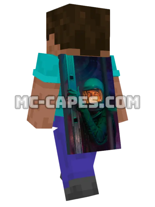 Spaceship Interior Minecraft cape worn on a player, seen from behind