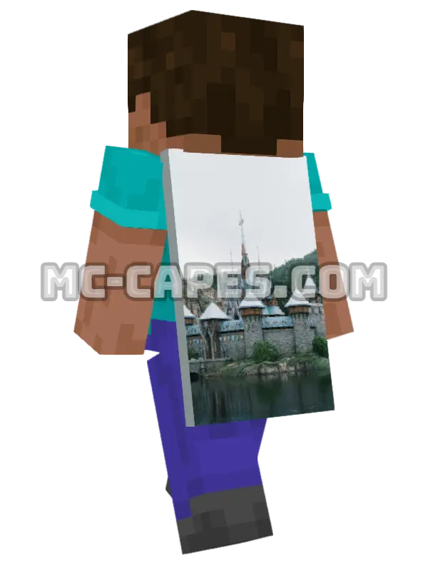 Stone Castle Lake Minecraft cape worn on a player, seen from behind