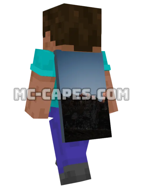 Sunset Mountains Minecraft cape worn on a player, seen from behind