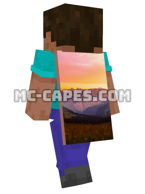 Sunset Mountains Minecraft cape worn on a player, seen from behind