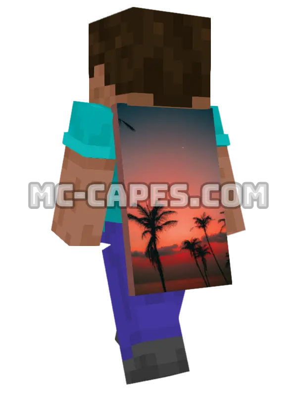 Sunset Palm Trees Minecraft cape worn on a player, seen from behind