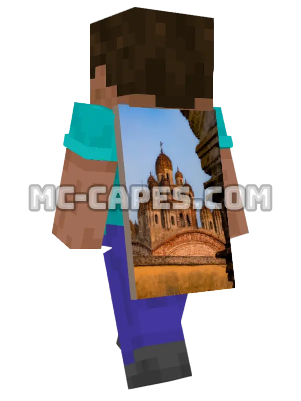 Terracotta Temple Minecraft cape worn on a player, seen from behind