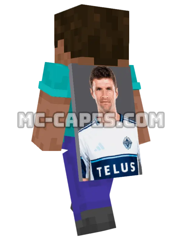 Thomas Muller Minecraft cape worn on a player, seen from behind