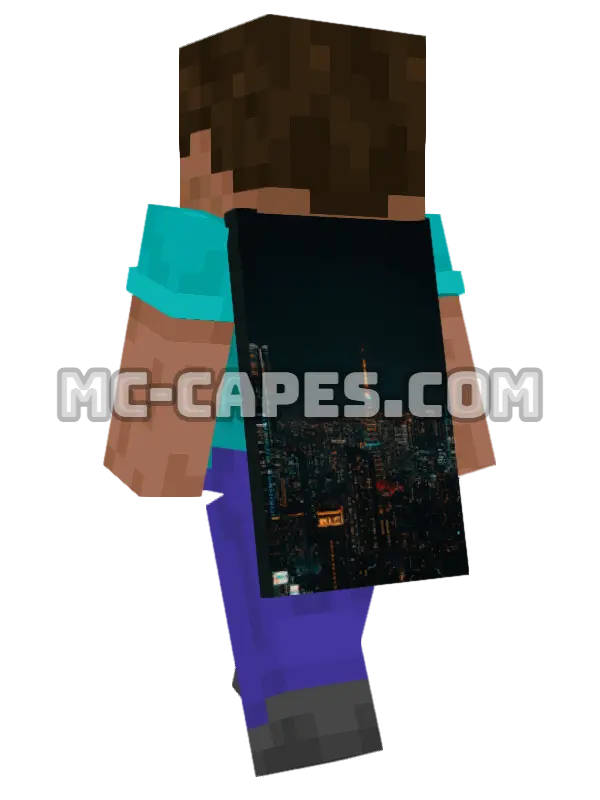 Tokyo Skyline Minecraft cape worn on a player, seen from behind