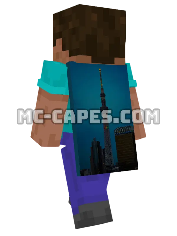 Tokyo Skytree Night Minecraft cape worn on a player, seen from behind