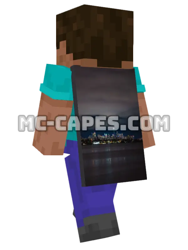Toronto Skyline Night Minecraft cape worn on a player, seen from behind