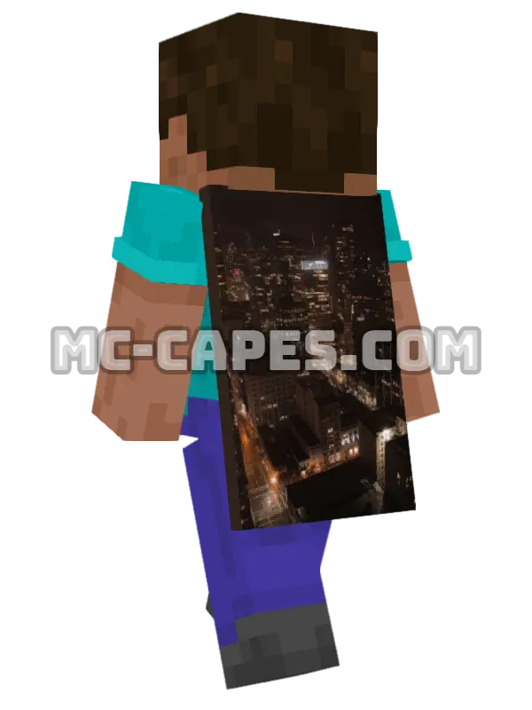 Vancouver Skyline Minecraft cape worn on a player, seen from behind